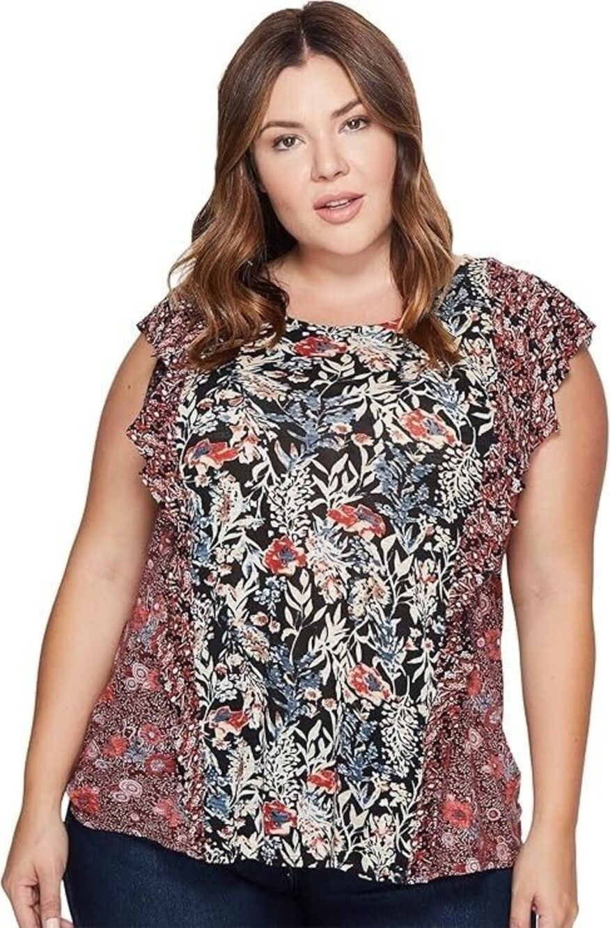 Lucky Brand Size 3X Multi-Color Flutter Sleeve Ruffle Tunic Top w/ Button Back